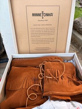Minnetonka Fringe Suede Moccasins in Rust Orange